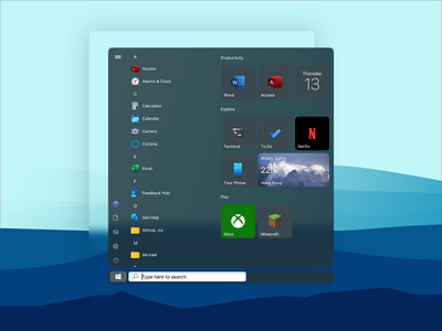 Windows 10's start menu with rounded corners