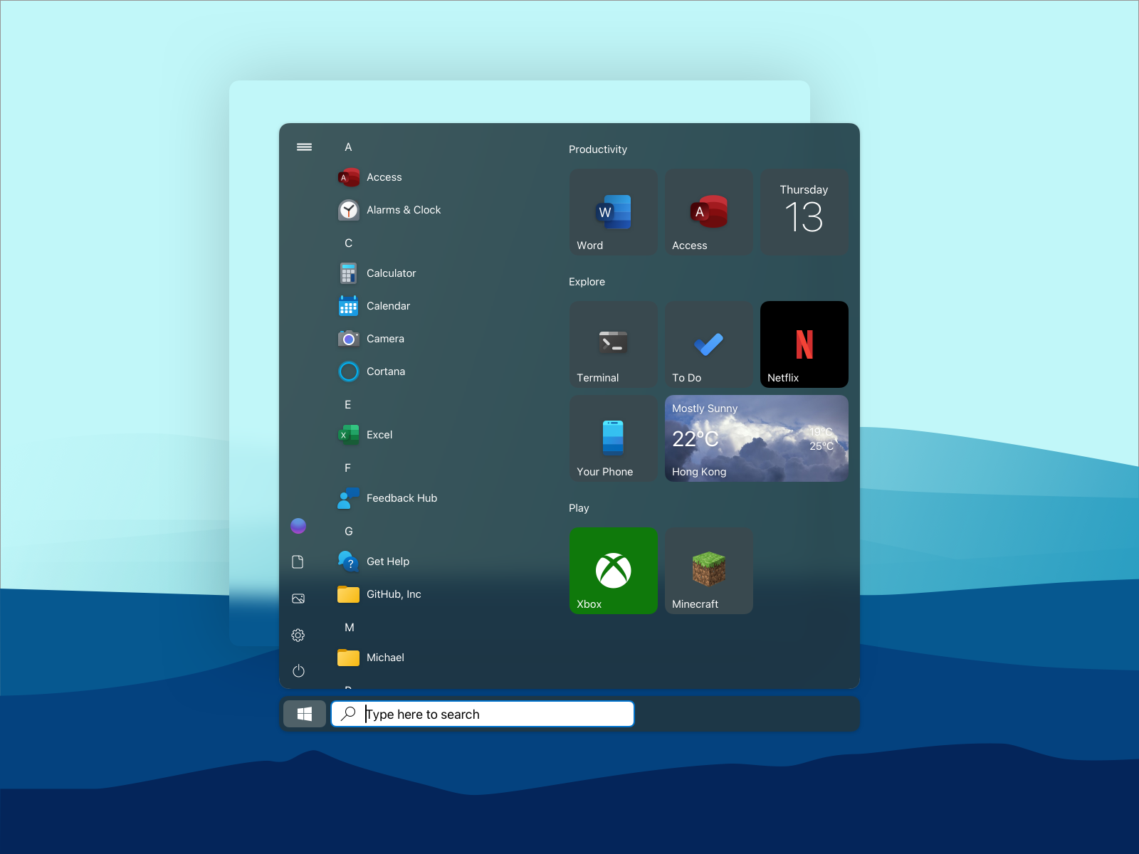 Windows 10's start menu with rounded corners by Michael on Dribbble