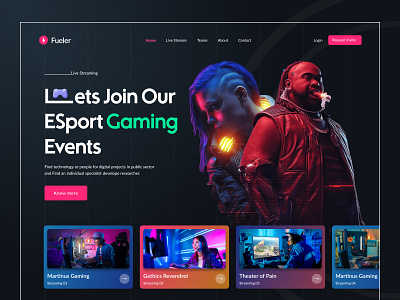 Fueler - Games Streaming Website Design branding dark mode design gameing games games streaming gradient hero live streaming minimal minimalist mobile overwatch stream streamers ui valorant video web design website