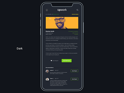 Upwork Freelancer Profile View Dark design mobile app theme ui web app