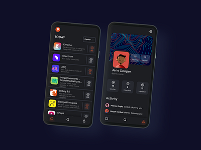 product hunt redesign, home page and profile page 2021 dark dark mode dark theme glassmorphism home page inspiration minimal mobile app product hunt profile page redesign ui
