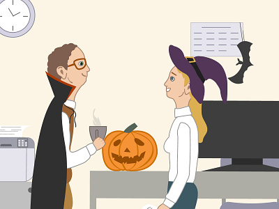 Halloween party bat boy cartoon celebration colleague company costume dracula coat girl halloween happy holiday illustration man office party pumpkin witch hat woman work place