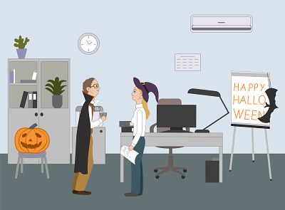 Halloween celebration bat boy cartoon celebration colleague company computer desk dracula coat girl halloween happy holiday illustration man office party pumpkin witch hat work place young woman