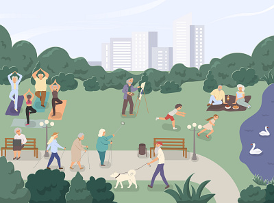Aged men and women spend time in the park aged cartoon children elderly flat style illustration lady man nordin walking old park pensioner people picnic pond relaxation revival spend time woman yoga