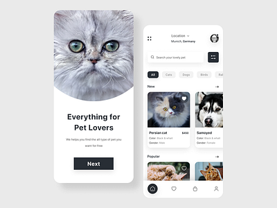 Pet Adoption App UI app app design cat clean design minimal mobile mobile app modern pet pet adoption pet app pet care pet store petshop simple ui ui design uiux ux