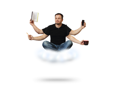 Multitasking book businessman cloud cup multitasking phone