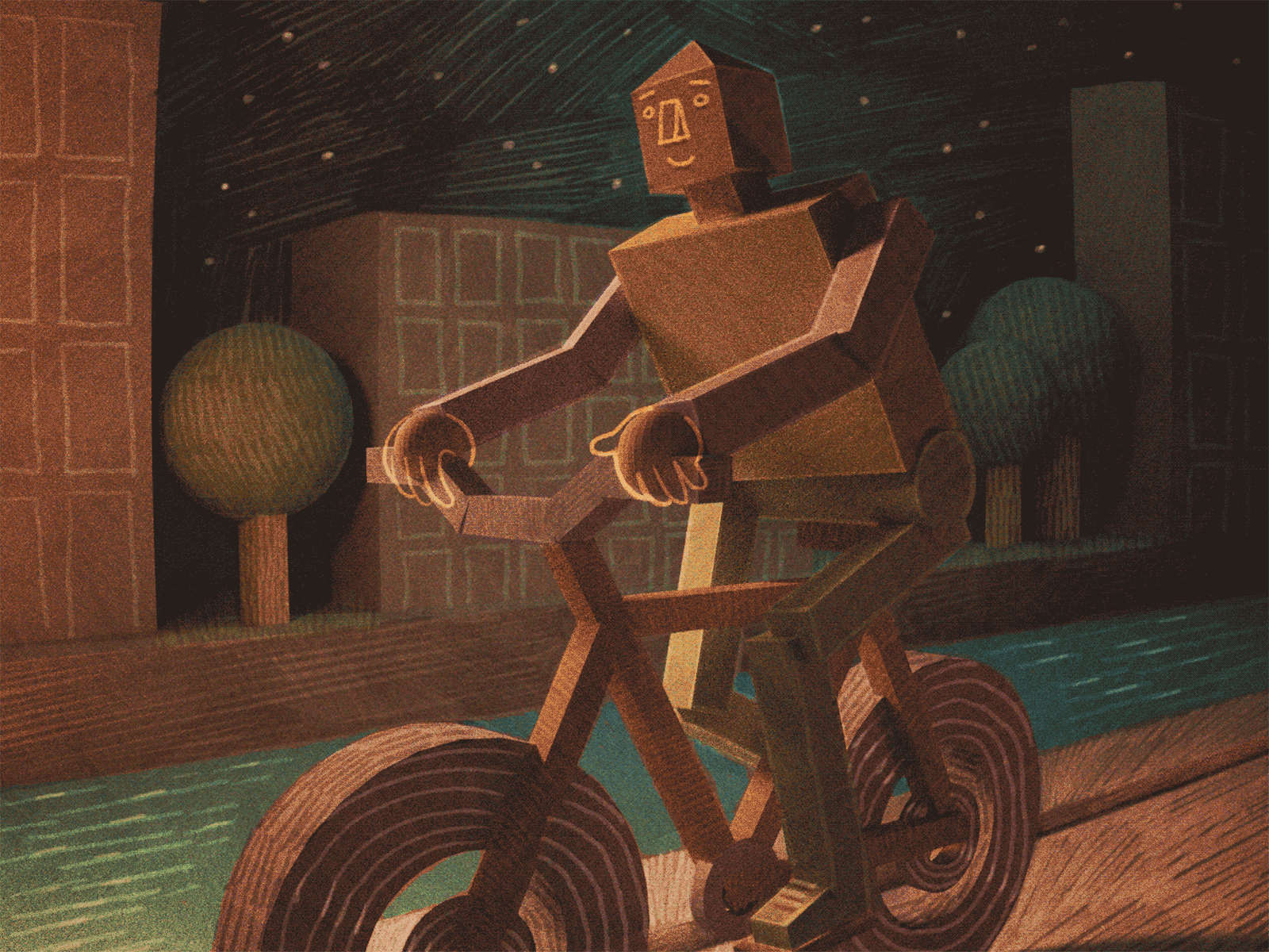 Cyclist 3d animation colour depth illustration night pencil sky stars texture water