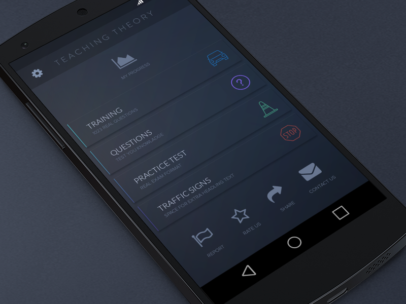Australian Driving Test Training Mobile Concept dark design app with icons android app main screen training driving test
