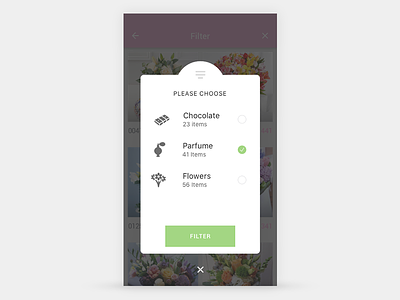 Pop-up filter screen navigation chocolate filter flowers icons list mobile parfume popup screen ui ux