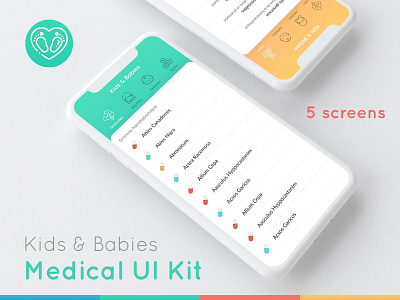 Kids & Babies Medical UI Kit babies colorful homeopathy kids list medical app medicine pills small app tabs ui kit