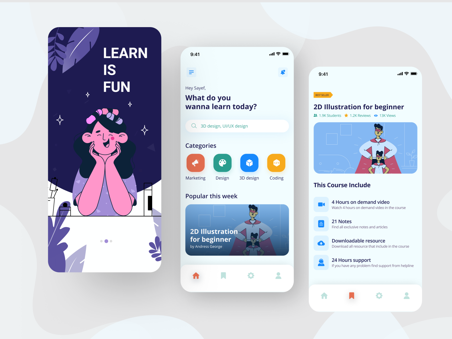 E-learning app UI design concept by Sayef Mahmud for Pixel Navy Agency