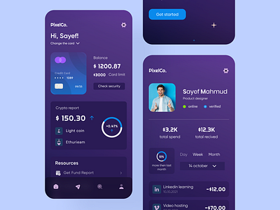 Finance app UI by Sayef Mahmud for Pixel Navy Agency on Dribbble