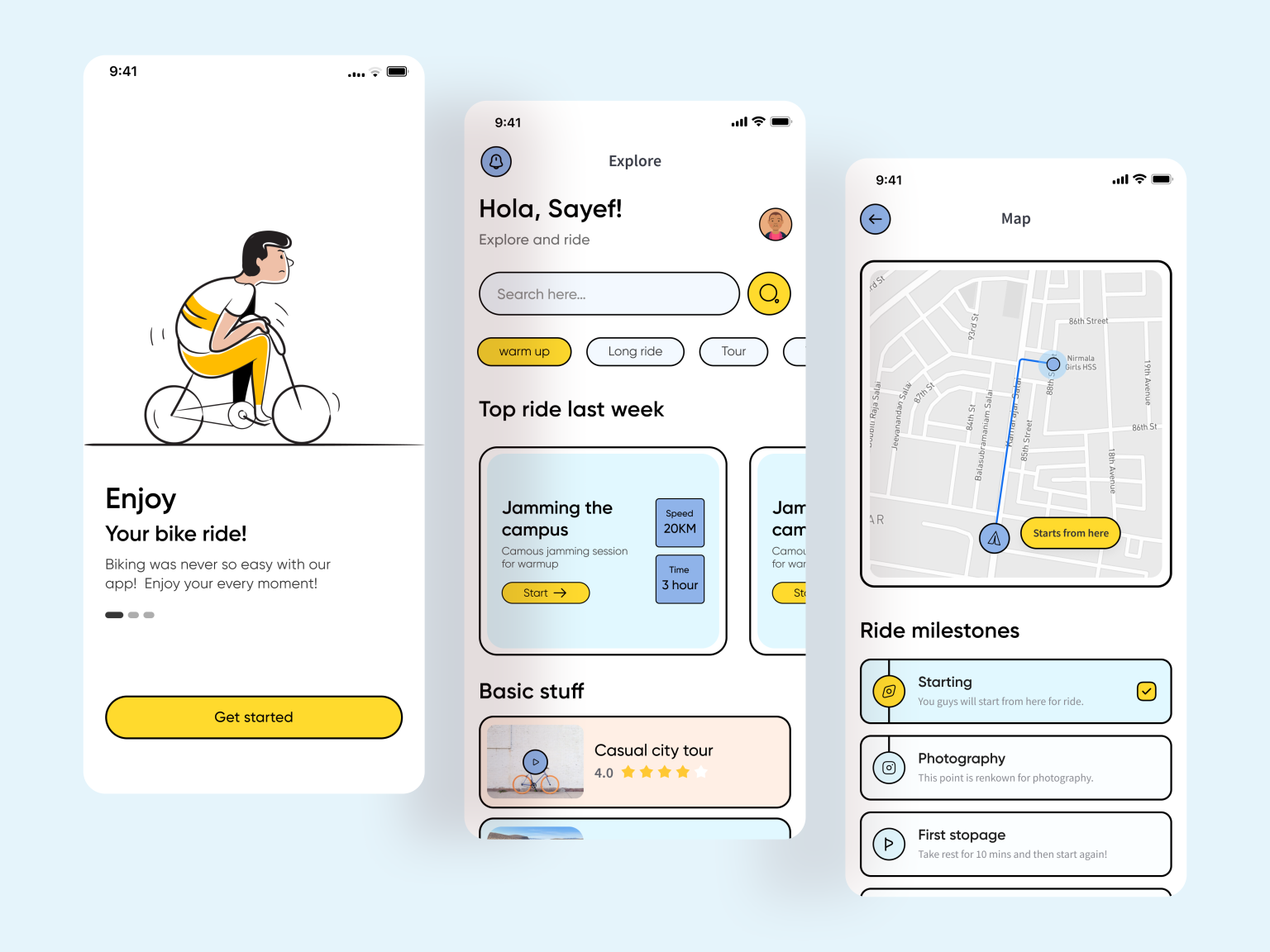 Bicycle riding app UI by Sayef Mahmud for Pixel Navy Agency on Dribbble