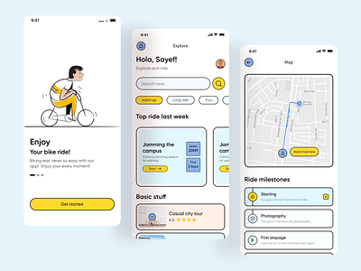 Bicycle riding app UI app design app ui bicycle bicycle app bicycles bike bike riding flat ui ios app mobile app mobile app design mobile ui modern ui rent bike ride app ride share riding uiux user interface visual design