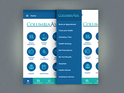 Hospital App -Home screen and Menu ui