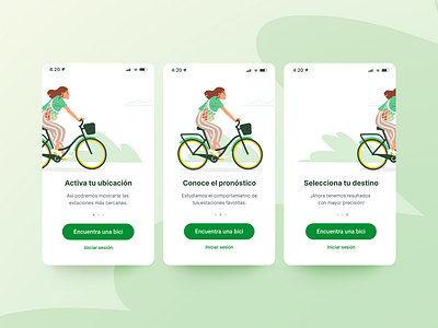 Onboarding app bicycle design green mobile onboarding public transportation ui