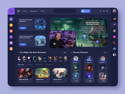 Stream dashboard blizzard dark theme discord figma fortnite game game app game design matches stream stream app stream dashboard streaming app tournaments twitch uiux web website wed design world of warcraft