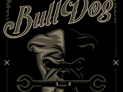 BullDog Customs Poster black bulldog dog gold illustration motorcycles poster skulls type wrench