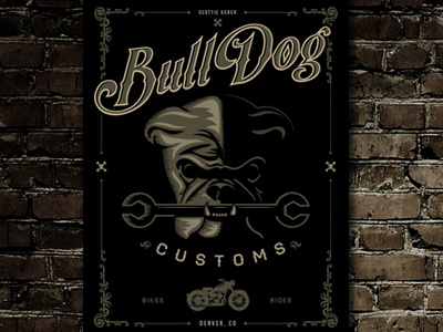 BullDog Customs Poster (full) black bulldog dog gold illustration motorcycles poster skulls type wrench