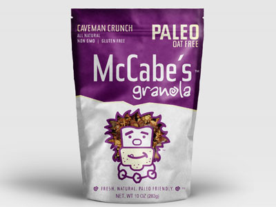 McCabe's Granola Package - Paleo caveman character face granola illustration line package purple