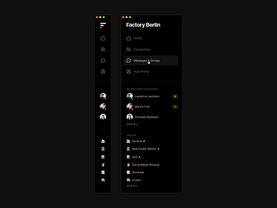 🔎 Sidebar Exploration – FactoryBerlin app application dark dark mode design desktop interface menu minimal modern sidebar ui ux