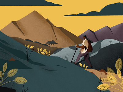 'Sunset hikes' character design design hiking illustraion mountains procreate