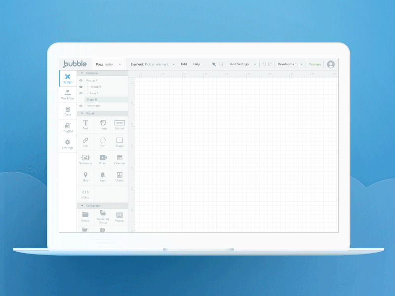 Bubble Editor app blue bubble builder dashboard editor menu plugins sidebar ui ux web