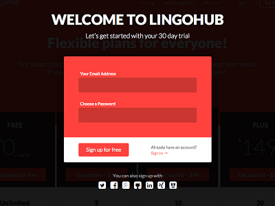 Lingohub SignUp Modal form modal overlay red signup social login