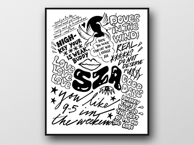 SZA MUSIC POSTER black and white black and white illustration hand lettering hip hop art illustration music art music flyers music posters sza typography