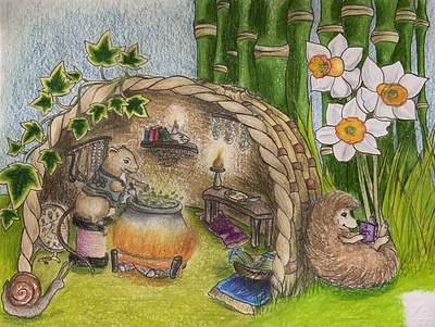 Summer afternoon animal illustration children illustration childrens book colorpencil harvest mouse hedgehog illustration prismacolor