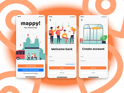 Mappy Login Flow app app design design login design login screen mappy transit map ui ux welcome screen