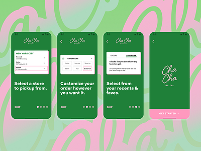 Cha Cha Matcha Onboarding Screens cha cha matcha complementary colors design design app green green tea matcha onboarding onboarding screens ordering app pink shopping app user experience uxui visual design