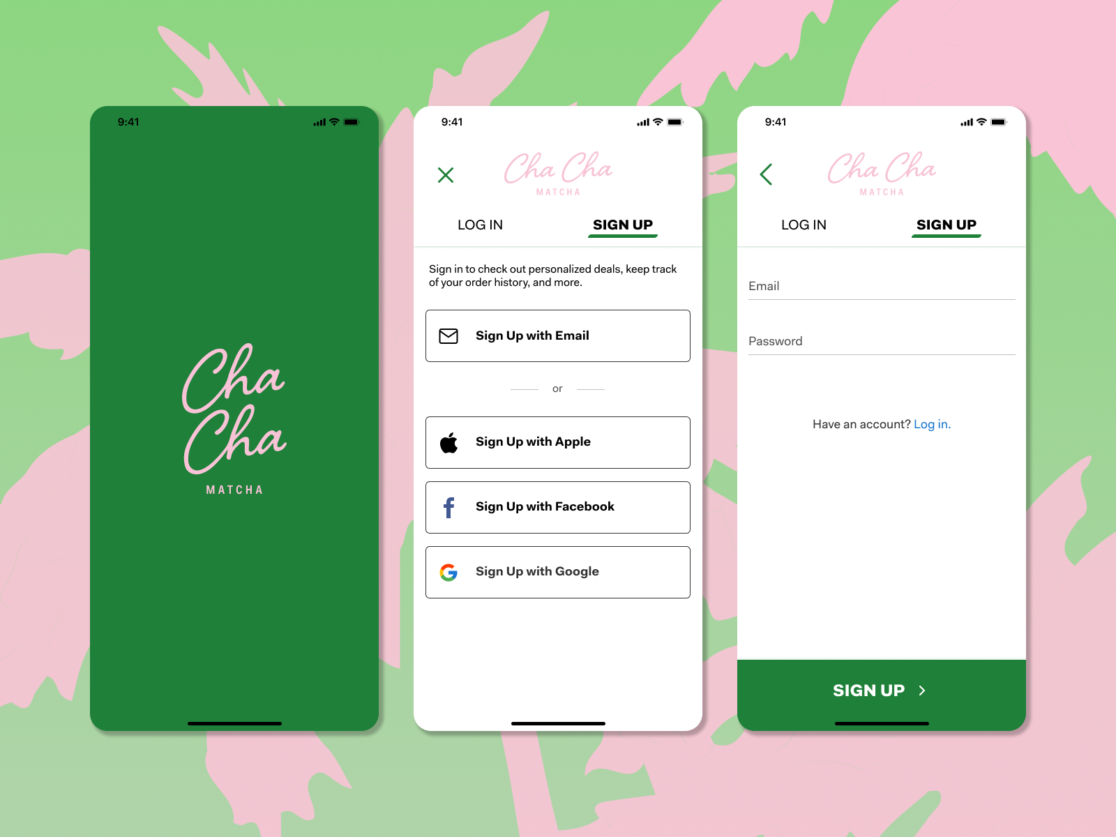 Cha Cha Matcha Login Screens by Arlindo Pacheco on Dribbble