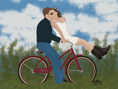 A ride through the woods bicycle cartoon cartoon illustration cartoon portrait commision couple couples portrait design flat portrait illustration landscape sketch