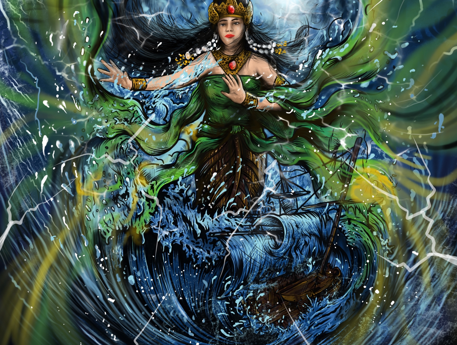  The image shows a painting of Nyi Roro Kidul, the legendary Queen of the South Sea in Javanese mythology, with long black hair, wearing a green dress and a golden crown, standing amidst stormy seas.