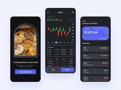 Dark Mode Cryptocurrency Wallet Mobile Application app bitcoin blockchain crypto crypto exchange crypto trading cryptocurrency currency dark dark ui ethereum finance fintech mobile mobile app trading ui ux wallet