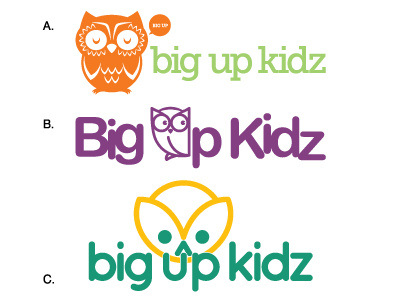 Big Up Kidz logo branding identity kids logo owl