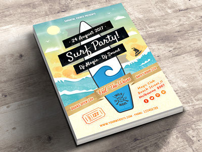 Surf Party Invitations bokeh dj event flyer invitations party ribbon sea sky surf surfboard wave