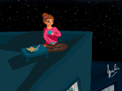 girl drinking tea at night cartoon girl illustration night rooftop tea