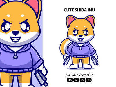 Cute shiba holding gun cartoon child children design dog figurine icon illustration isolated logo nature vector