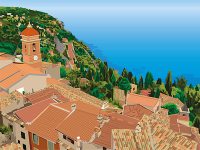 Roquebrune, Cap Martin near Monaco, South of France adobe illustrator design digital art digital illustration digital painting europe flat france holidays illustration landscape mediterranean monaco mountains sea tourism travel vector village