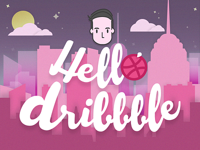 Hello Dribbble! city debut dribbble first shot hello hi illustration intro pink vector welcome