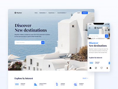 Wayfarer - Desktop, App screens app blue branding design figma flat graphic design logo minimal screens travel ui vector wayfarer website