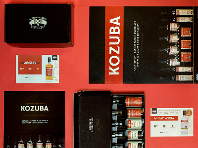 Kozuba & Sons Distillery Sales Collateral alcohol branding black bottle packaging brand identity branding craft spirits custom packaging flatlay identity design label design liquor branding package design poste design product photography red sales collateral wordmark