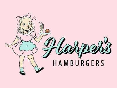 Harper's Hamburgers Branding 50s bran brand identity branding branding agency burgers classic diner illustration logo milkshakes pastel pink restaurant branding retro vintage