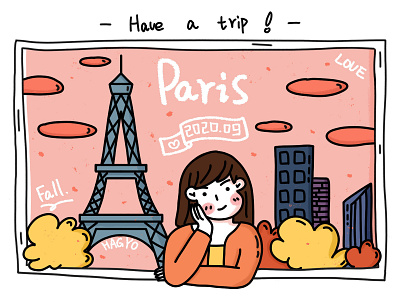 She wants to travel to Paris in autumn. cute doodle girl illustration travel