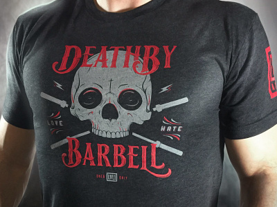 Death By Barbell Final Product Shot barbell death illustration lettering skull t shirt weightlifting