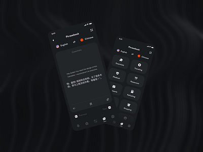 Mobile Translator app book cards clear design communication dark mobile design design dialogues interaction interface language minimal mobile swipe tab bar translate travel ui ux words