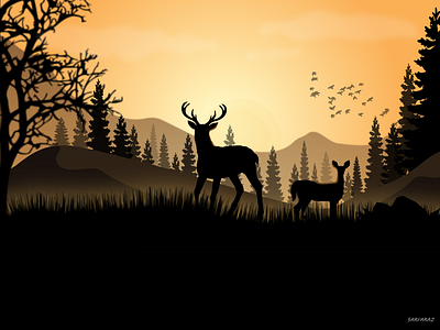 A New Day adobe illustrator animals art artwork background deer design digital art drawing dribbble forest illustration landscape minimal minimalism scenery stag sunrise trees vector
