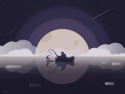 Serenity adobe adobe illustrator alone art artwork boat digital art drawing dribbble fishing illustration minimal minimalism moonlight night peaceful sea serenity texture vector